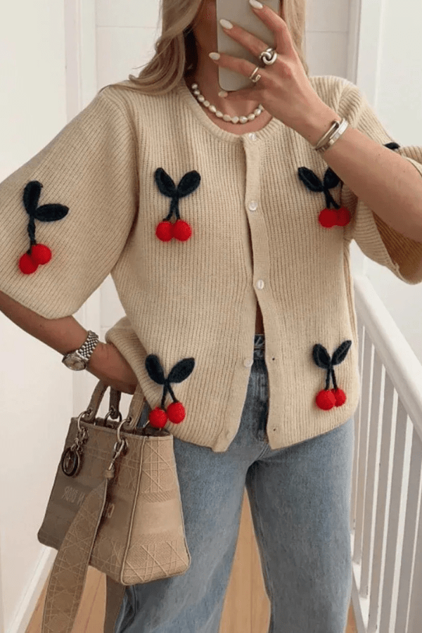 Women’s Cherry V-Neck Button Down Cardigan – Cute Embroidered Knit Sweater for Casual Layering, Everyday Wear & Cozy Outfits