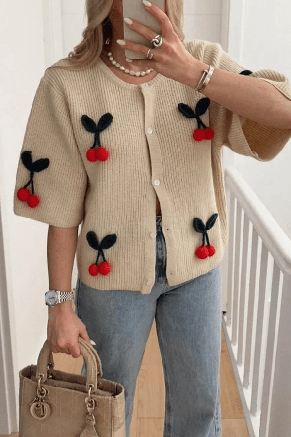 Women’s Cherry V-Neck Button Down Cardigan – Cute Embroidered Knit Sweater for Casual Layering, Everyday Wear & Cozy Outfits