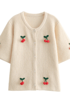 Women’s Cherry V-Neck Button Down Cardigan – Cute Embroidered Knit Sweater for Casual Layering, Everyday Wear & Cozy Outfits