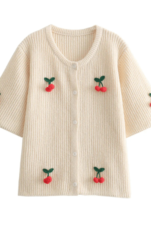 Women’s Cherry V-Neck Button Down Cardigan – Cute Embroidered Knit Sweater for Casual Layering, Everyday Wear & Cozy Outfits