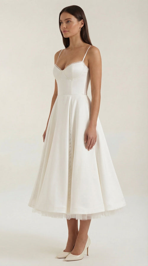 Dianna Tulle Midi Dress — Women’s Sweetheart Neck Strap Tulle A-Line Cocktail Party Dress with Pockets