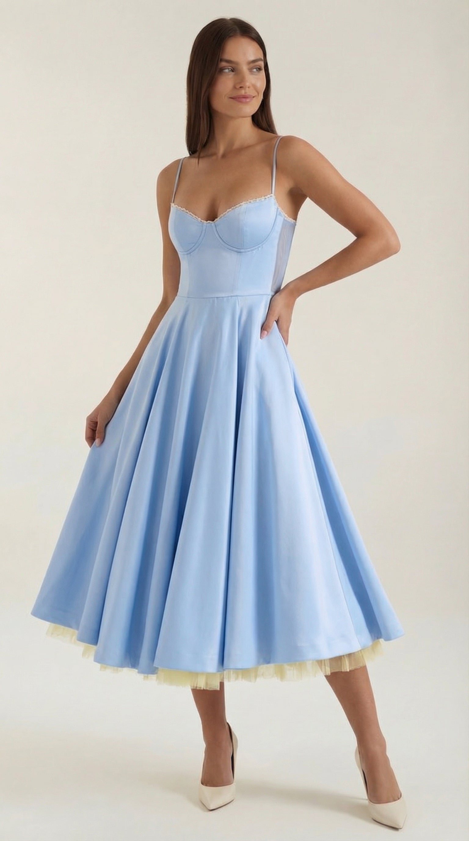 Dianna Tulle Midi Dress — Women’s Sweetheart Neck Strap Tulle A-Line Cocktail Party Dress with Pockets