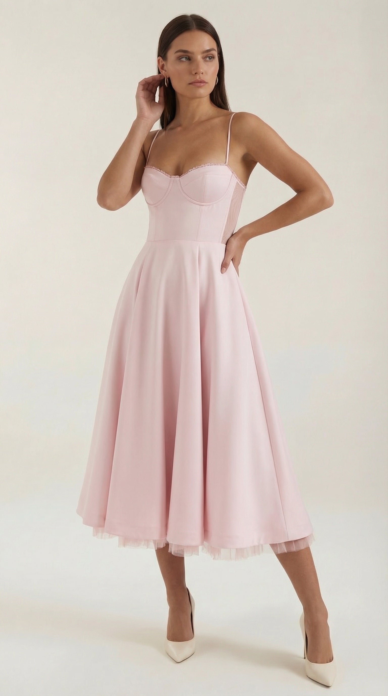 Dianna Tulle Midi Dress — Women’s Sweetheart Neck Strap Tulle A-Line Cocktail Party Dress with Pockets
