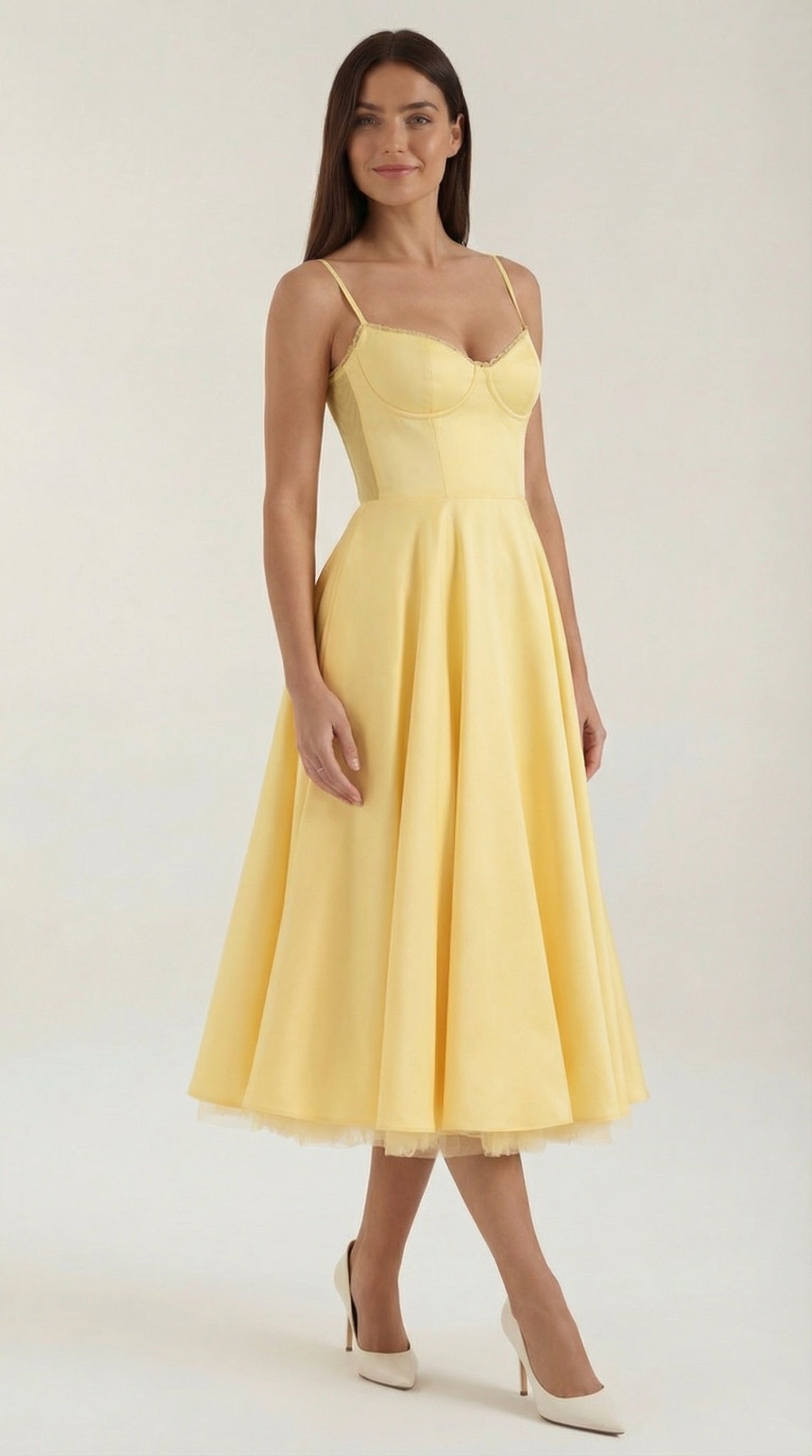 Dianna Tulle Midi Dress — Women’s Sweetheart Neck Strap Tulle A-Line Cocktail Party Dress with Pockets