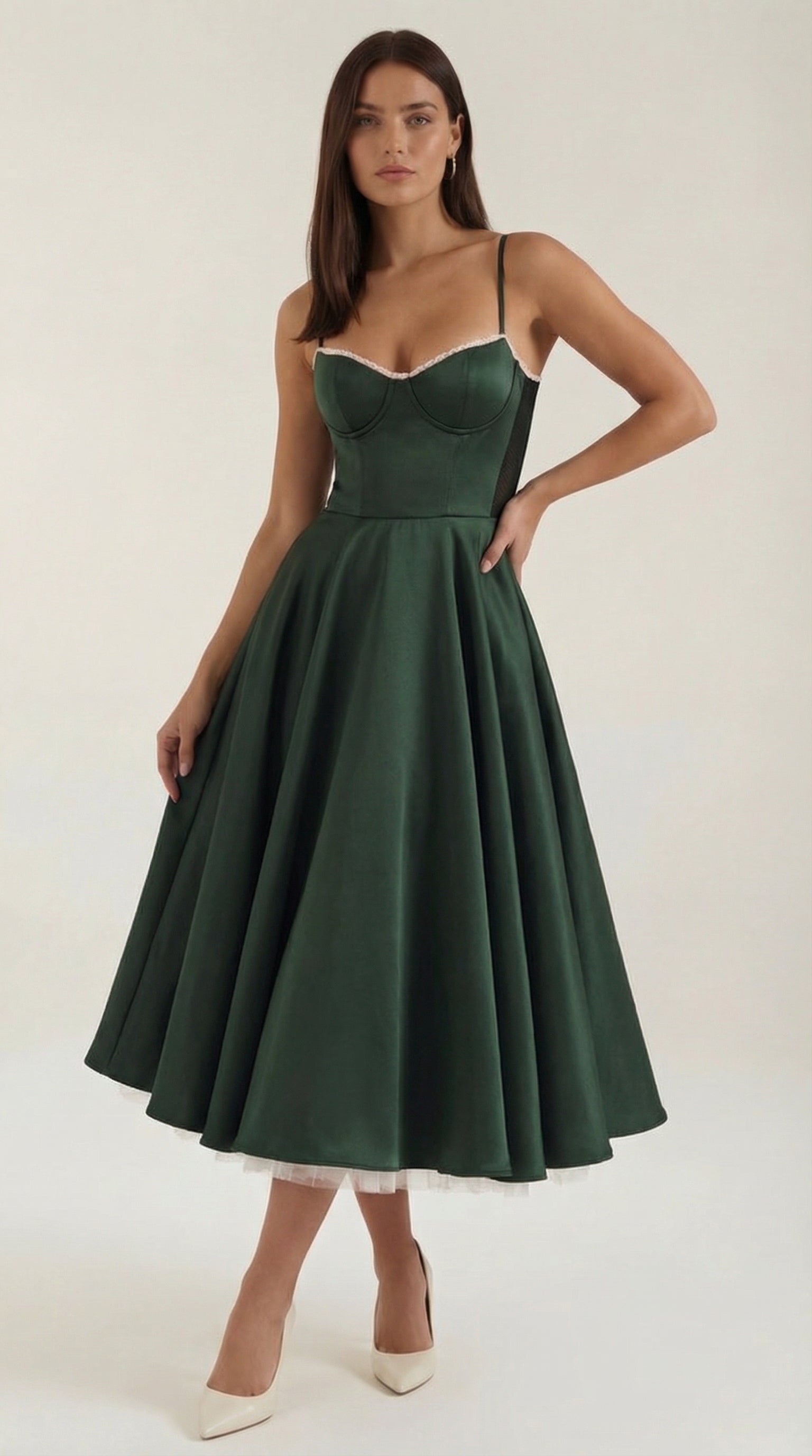 Dianna Tulle Midi Dress — Women’s Sweetheart Neck Strap Tulle A-Line Cocktail Party Dress with Pockets