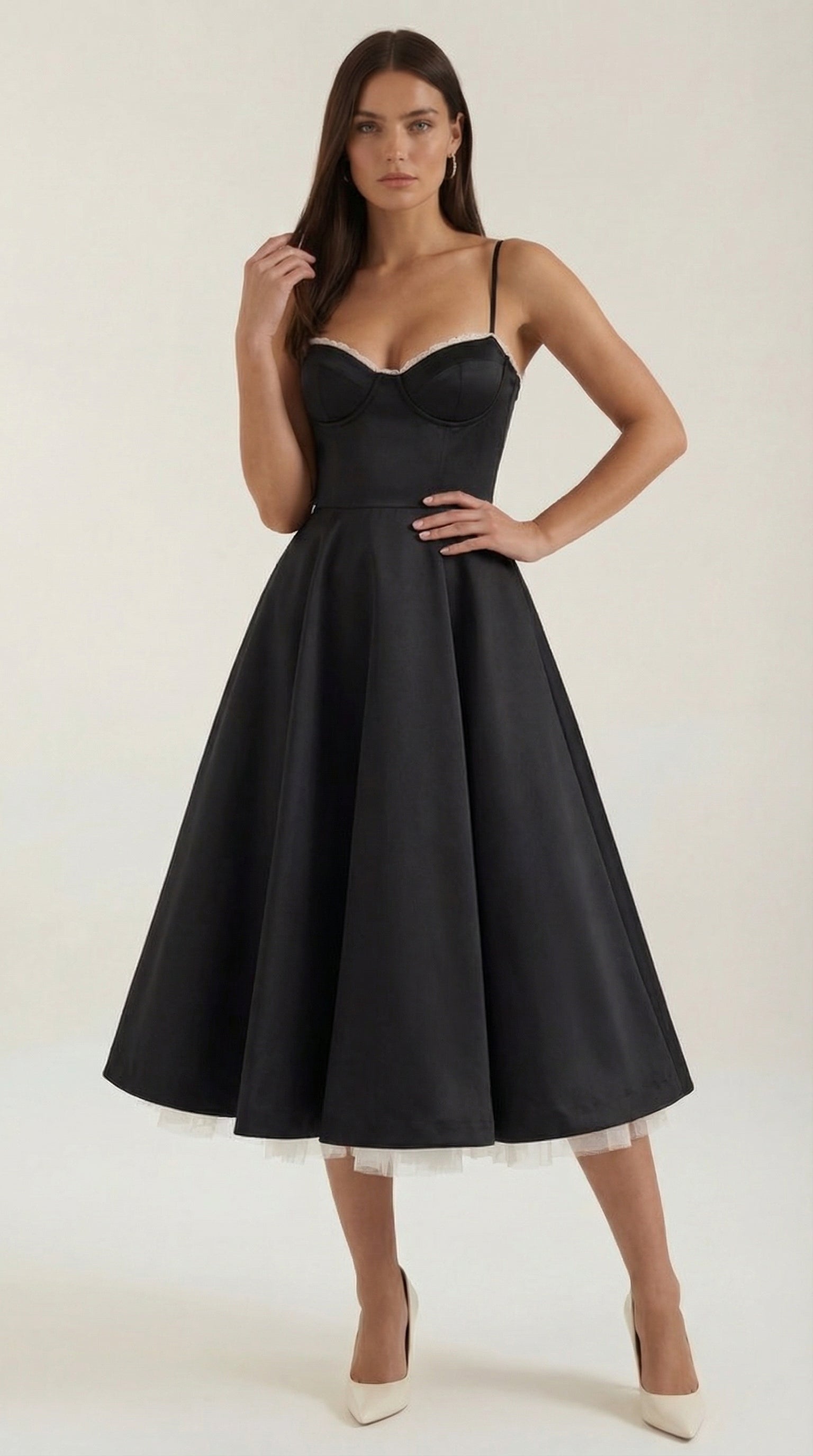 Dianna Tulle Midi Dress — Women’s Sweetheart Neck Strap Tulle A-Line Cocktail Party Dress with Pockets