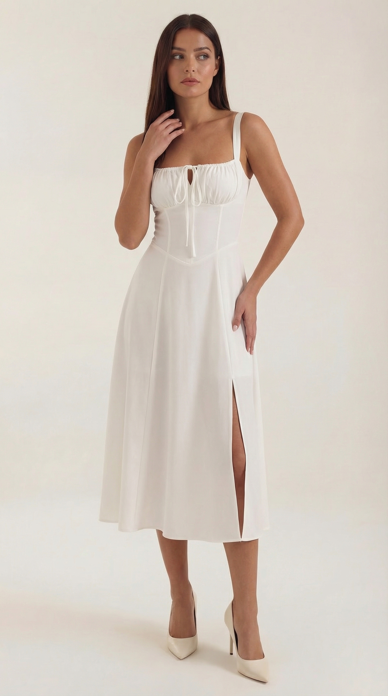 Jade Lace-Up Midi Dress — Women’s Sweetheart A-Line Midi Sundress with Side Slit Summer Elegant Dress