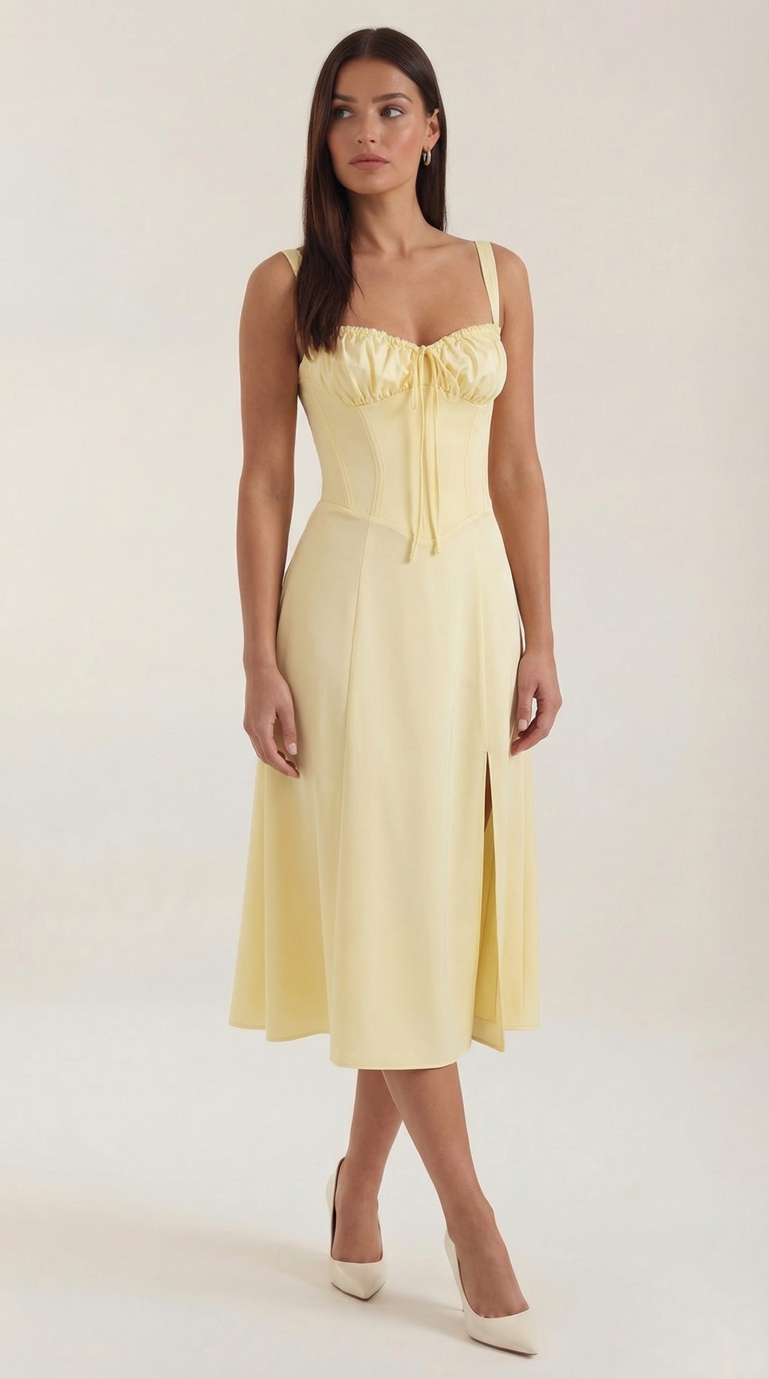 Jade Lace-Up Midi Dress — Women’s Sweetheart A-Line Midi Sundress with Side Slit Summer Elegant Dress