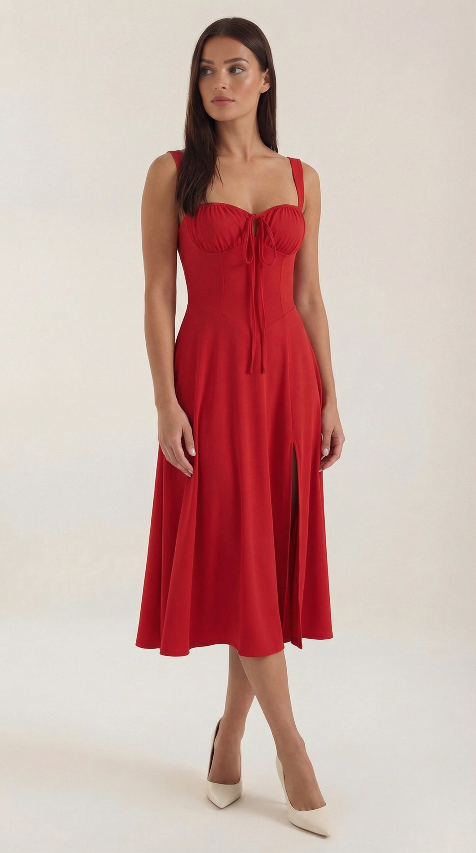 Jade Lace-Up Midi Dress — Women’s Sweetheart A-Line Midi Sundress with Side Slit Summer Elegant Dress