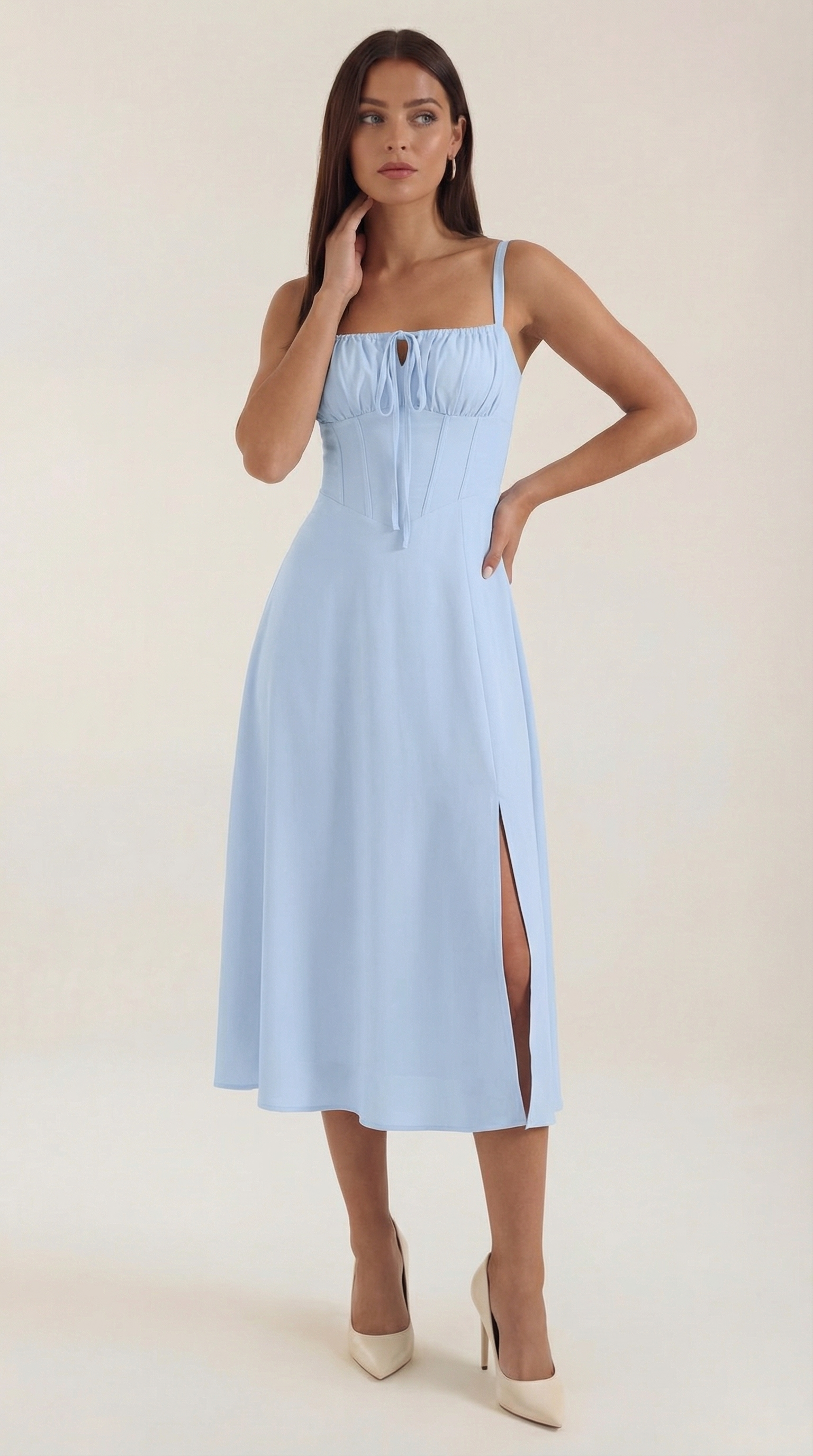 Jade Lace-Up Midi Dress — Women’s Sweetheart A-Line Midi Sundress with Side Slit Summer Elegant Dress