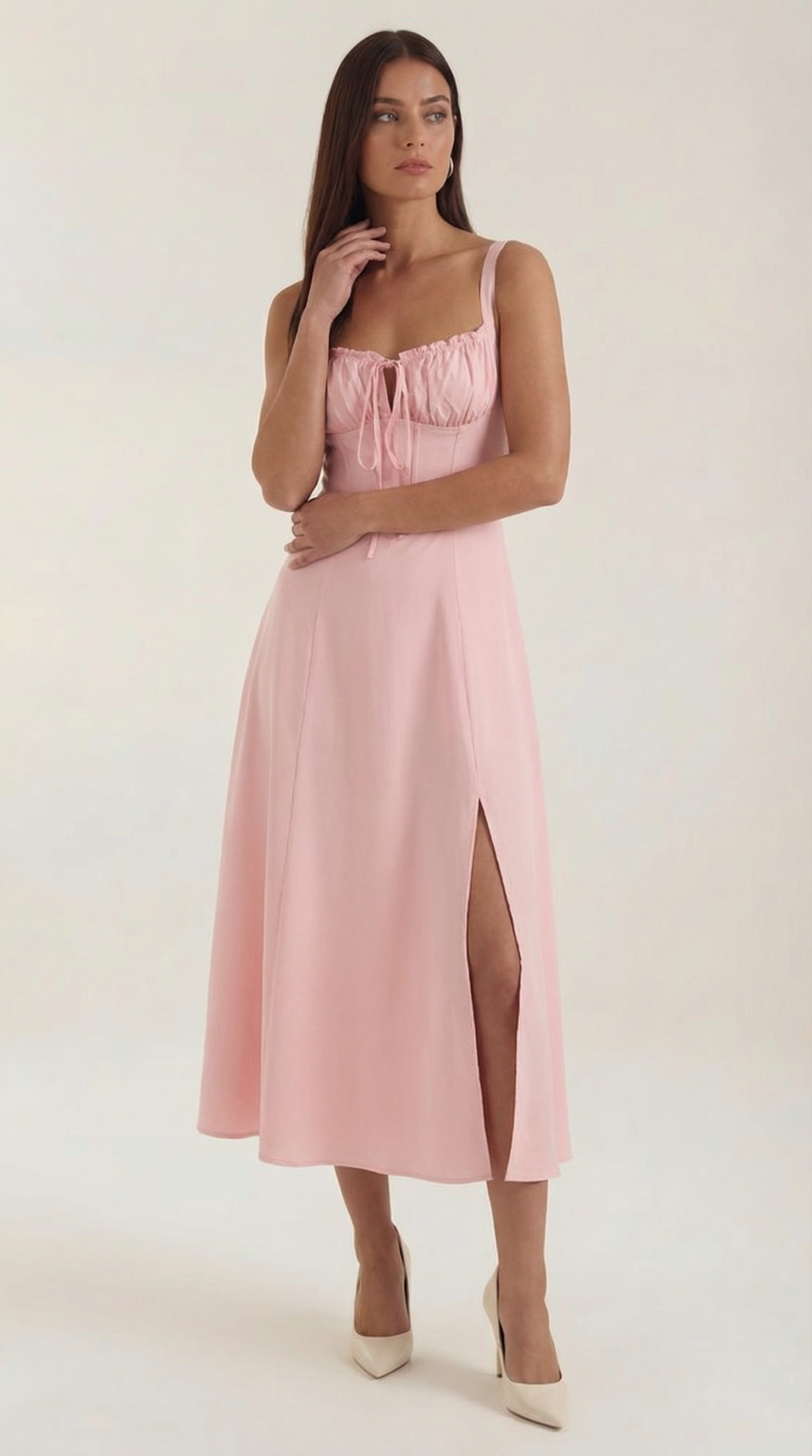 Jade Lace-Up Midi Dress — Women’s Sweetheart A-Line Midi Sundress with Side Slit Summer Elegant Dress