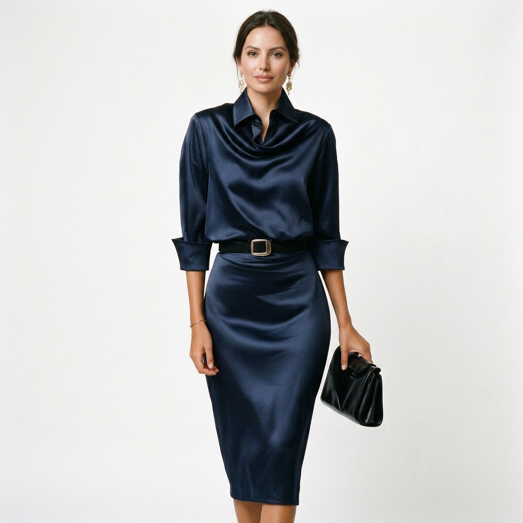 Deep Navy Satin Midi Dress for Wedding Guests Elegant Cocktail Wear