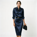 Deep Navy Satin Midi Dress for Wedding Guests Elegant Cocktail Wear