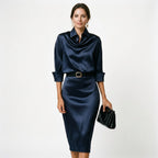 Deep Navy Satin Midi Dress for Wedding Guests Elegant Cocktail Wear