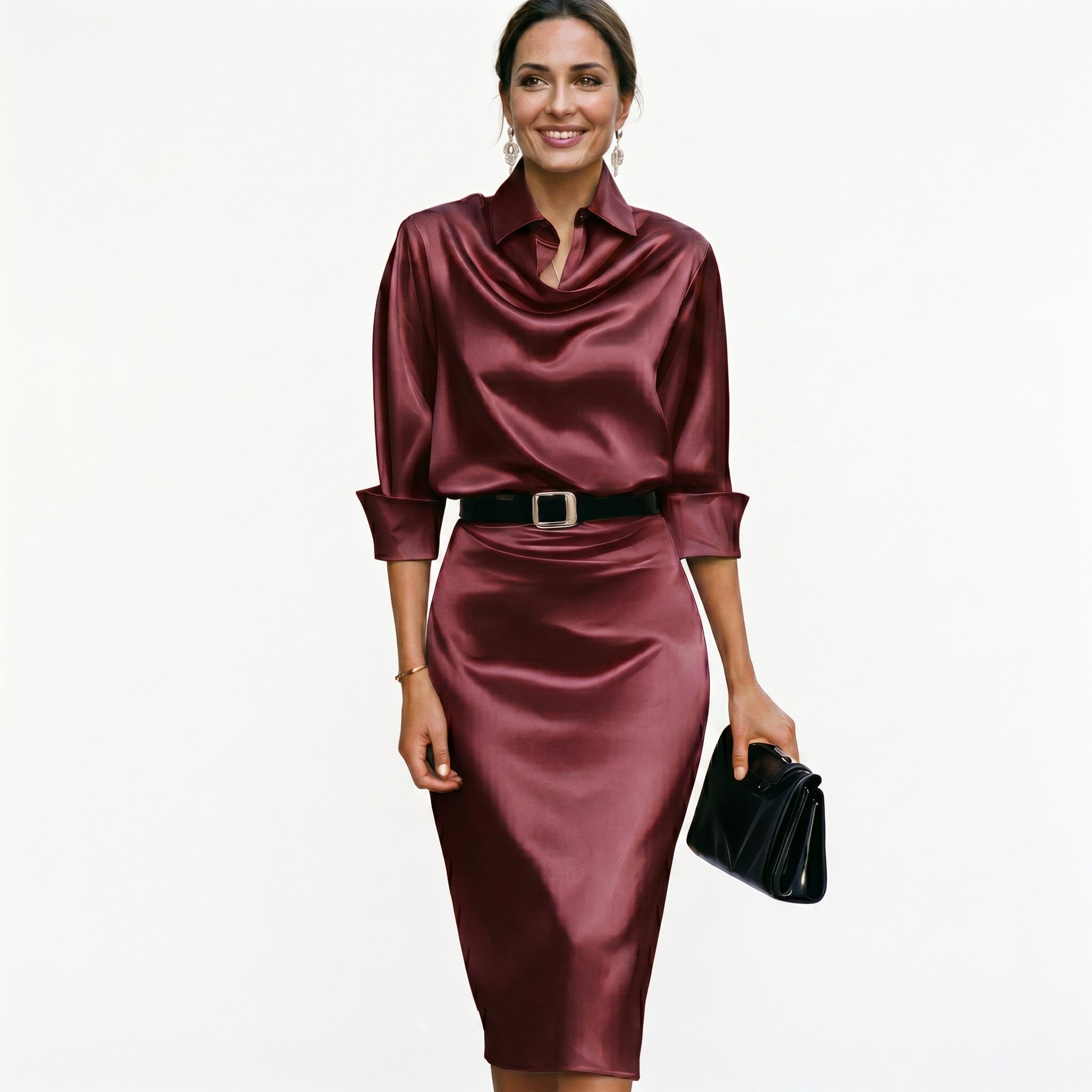 Side view of navy satin midi dress with smooth elegant drape