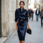 Deep Navy Satin Midi Dress for Wedding Guests Elegant Cocktail Wear