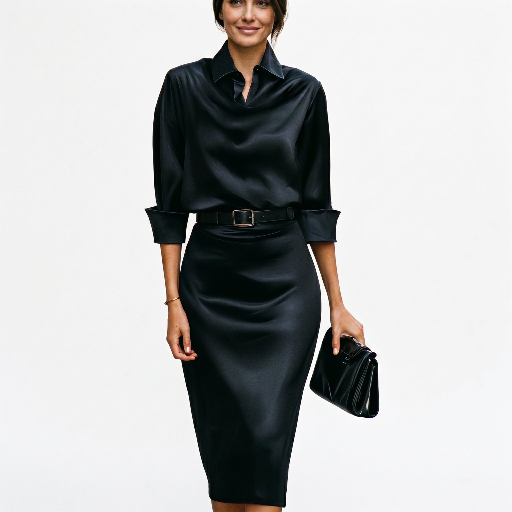 Navy satin midi dress neckline and bodice detail