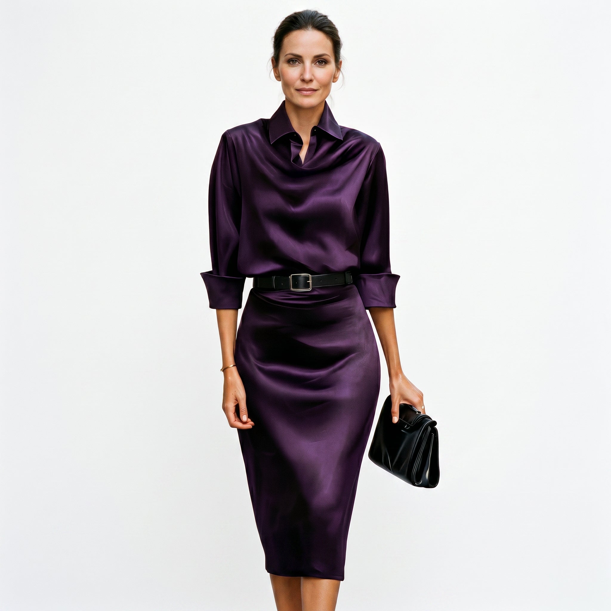 Womens navy satin dress styled for a formal wedding