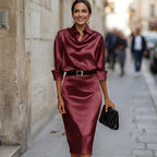 Deep Navy Satin Midi Dress for Wedding Guests Elegant Cocktail Wear