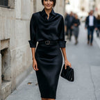 Deep Navy Satin Midi Dress for Wedding Guests Elegant Cocktail Wear
