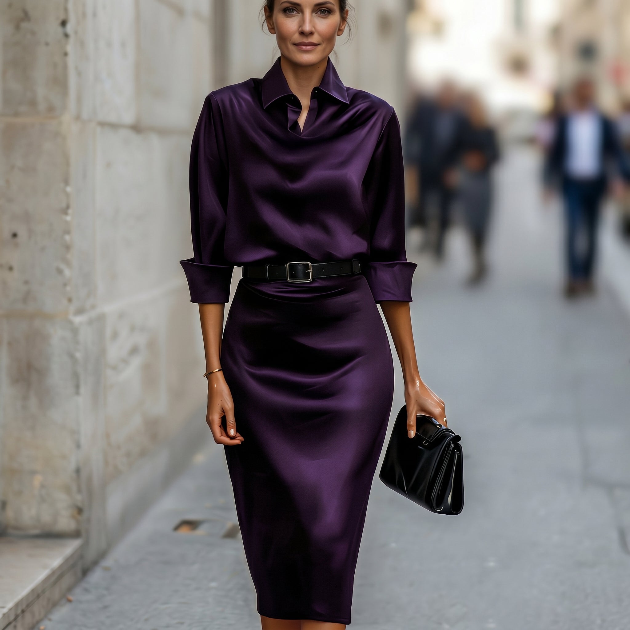 Deep Navy Satin Midi Dress for Wedding Guests Elegant Cocktail Wear