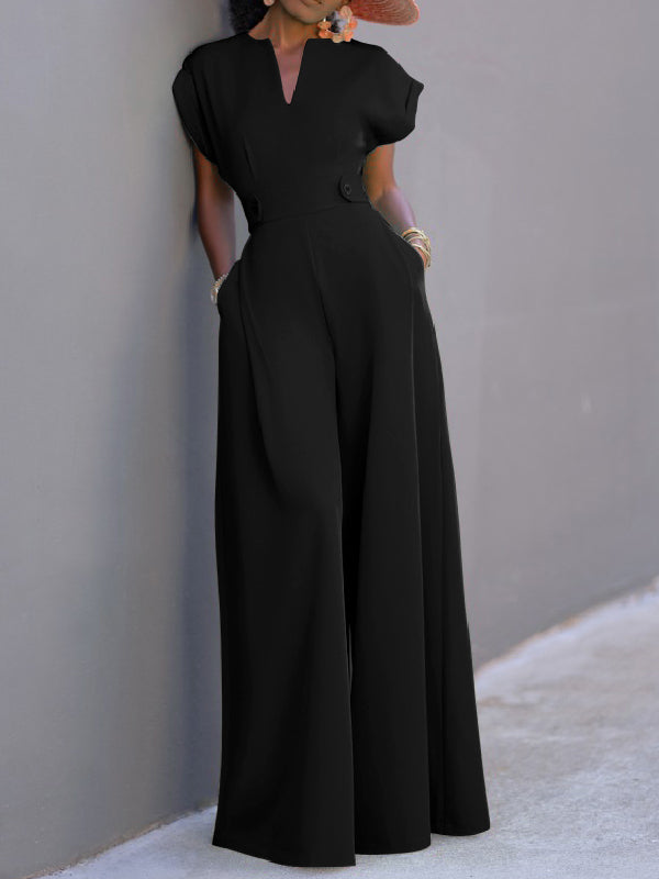 Side view of womens cap sleeve jumpsuit with flattering fit