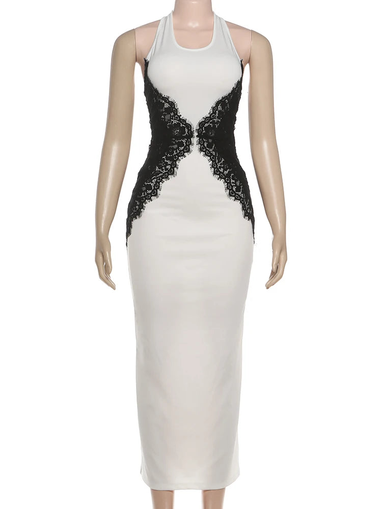 Lace Patchwork Halter Backless Maxi Dress Women's Midnight Prom Party Gown