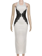 Lace Patchwork Halter Backless Maxi Dress Women's Midnight Prom Party Gown