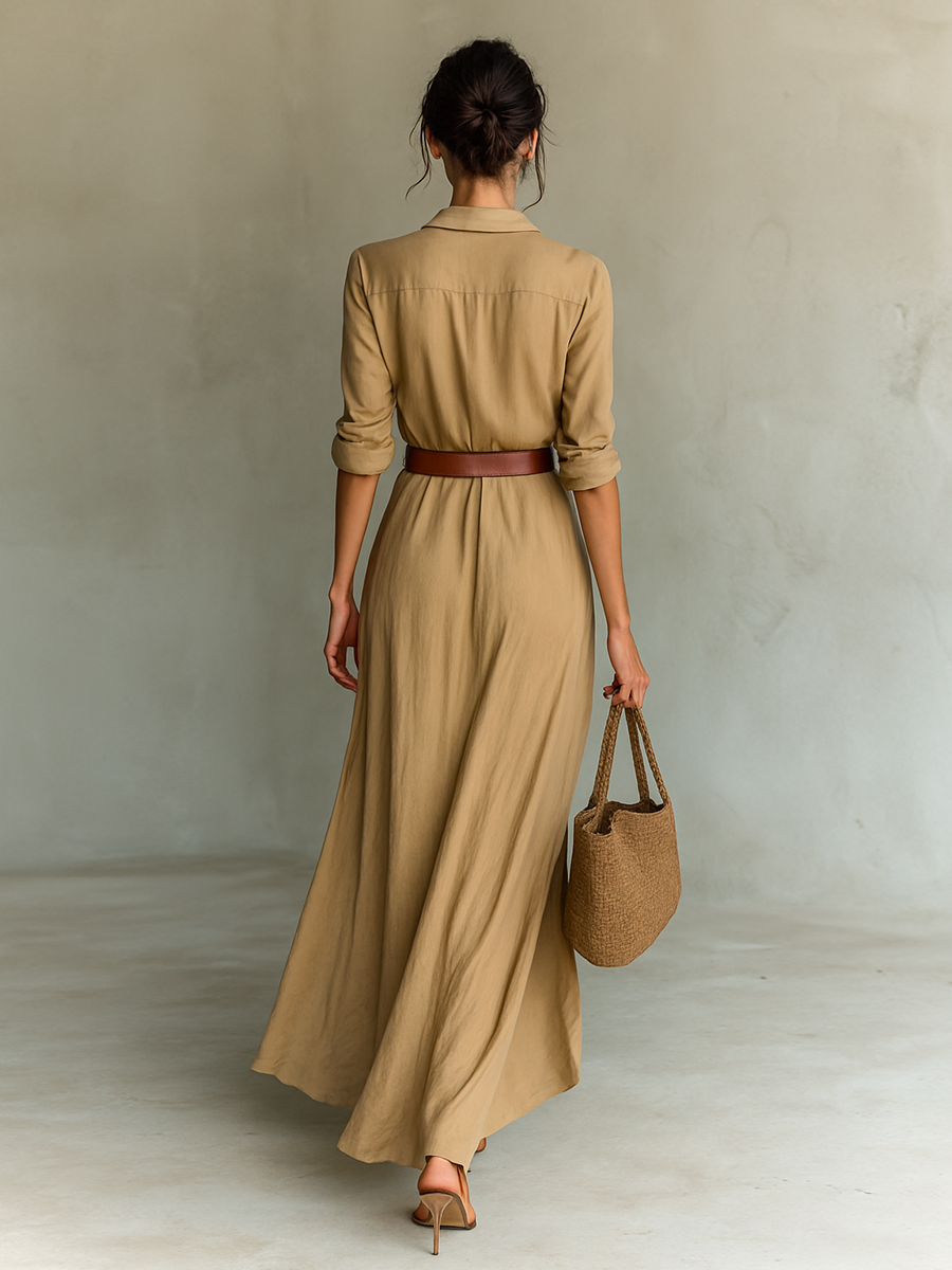 Ladies Lapel Belted Maxi Dress — Single-Breasted Long Sleeve Cotton-Tencel Elegant Office & Formal Wear