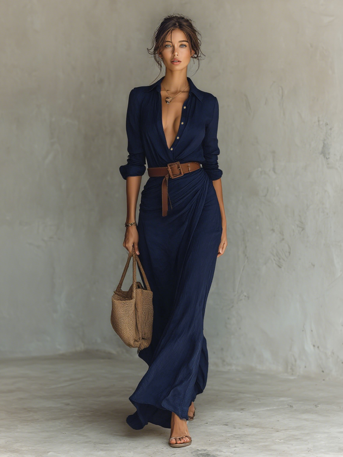 Ladies Lapel Belted Maxi Dress — Single-Breasted Long Sleeve Cotton-Tencel Elegant Office & Formal Wear