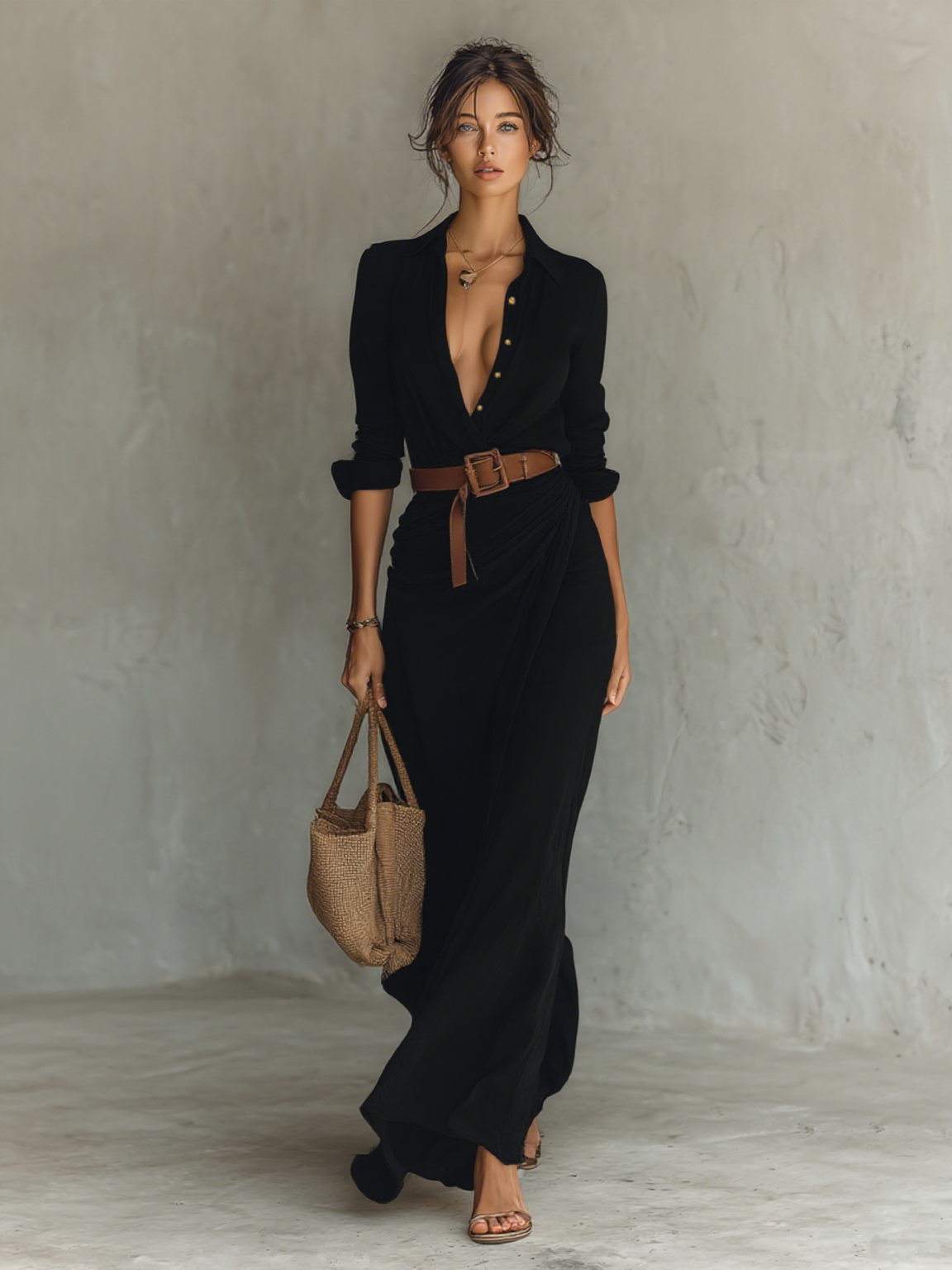 Ladies Lapel Belted Maxi Dress — Single-Breasted Long Sleeve Cotton-Tencel Elegant Office & Formal Wear