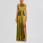 Women's Gold Metallic Halter Neck Pleated High Slit Maxi Gown  Luxury Formal Evening Red Carpet Wedding Guest Dress