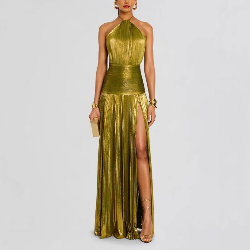 Women's Gold Metallic Halter Neck Pleated High Slit Maxi Gown  Luxury Formal Evening Red Carpet Wedding Guest Dress