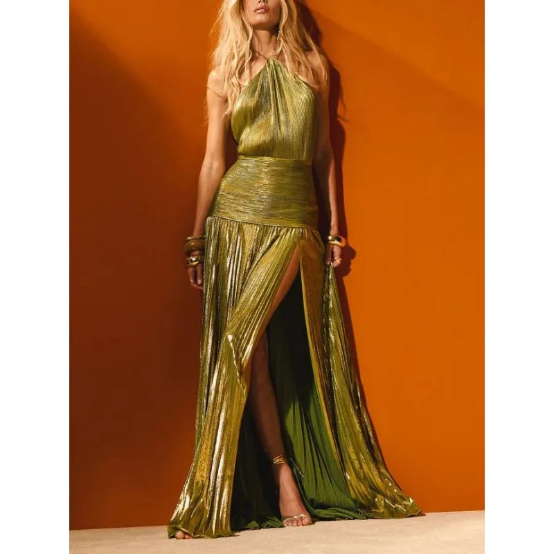 Women's Gold Metallic Halter Neck Pleated High Slit Maxi Gown  Luxury Formal Evening Red Carpet Wedding Guest Dress