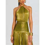 Women's Gold Metallic Halter Neck Pleated High Slit Maxi Gown  Luxury Formal Evening Red Carpet Wedding Guest Dress