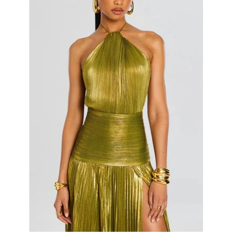 Women's Gold Metallic Halter Neck Pleated High Slit Maxi Gown  Luxury Formal Evening Red Carpet Wedding Guest Dress