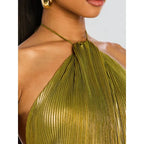 Women's Gold Metallic Halter Neck Pleated High Slit Maxi Gown  Luxury Formal Evening Red Carpet Wedding Guest Dress