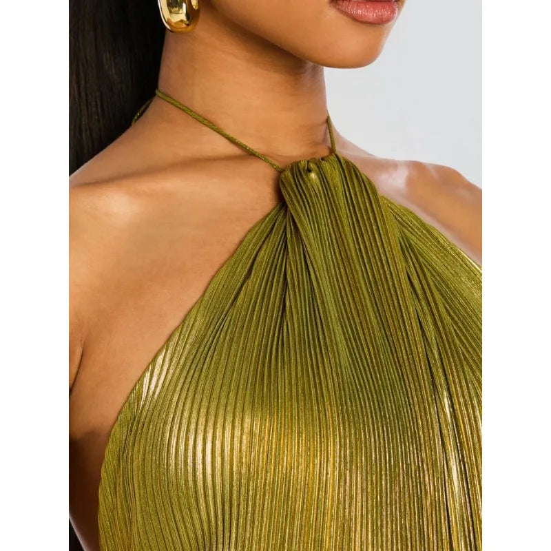 Women's Gold Metallic Halter Neck Pleated High Slit Maxi Gown  Luxury Formal Evening Red Carpet Wedding Guest Dress