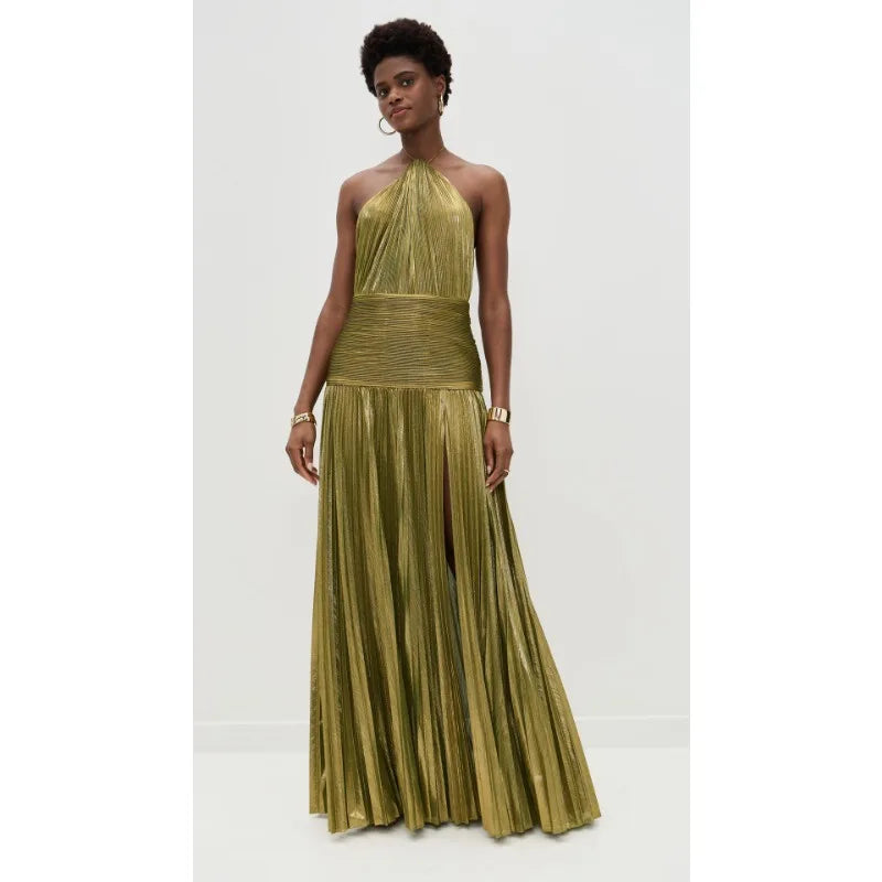 Women's Gold Metallic Halter Neck Pleated High Slit Maxi Gown  Luxury Formal Evening Red Carpet Wedding Guest Dress