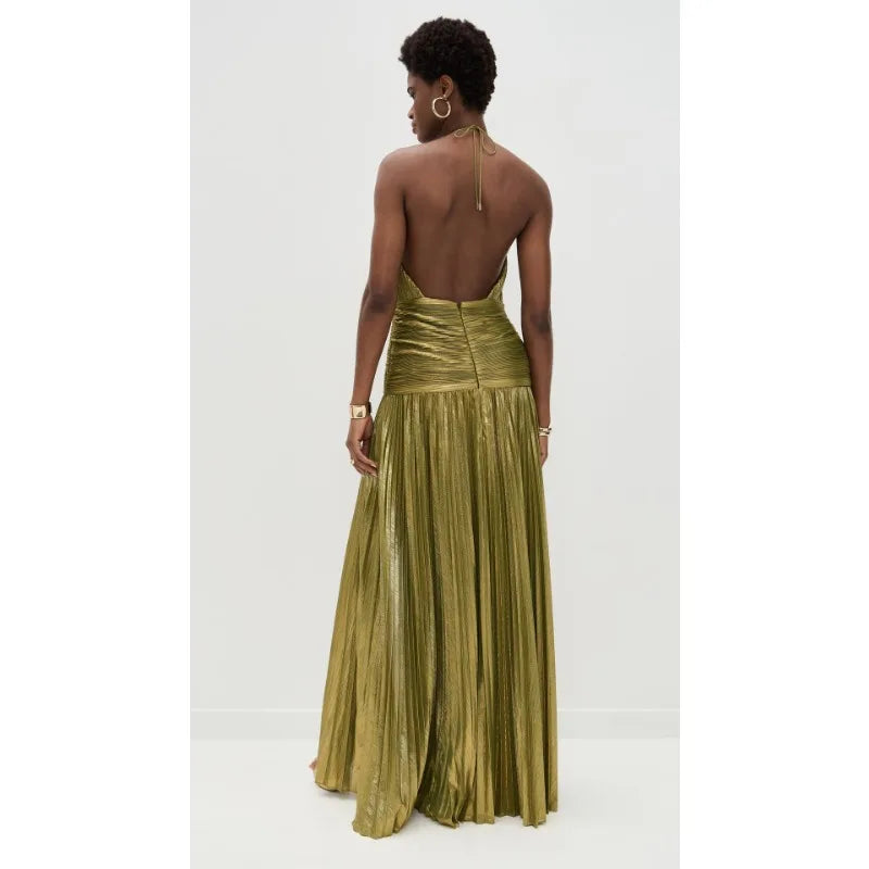 Women's Gold Metallic Halter Neck Pleated High Slit Maxi Gown  Luxury Formal Evening Red Carpet Wedding Guest Dress