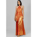 Women's Gold Metallic Halter Neck Pleated High Slit Maxi Gown  Luxury Formal Evening Red Carpet Wedding Guest Dress