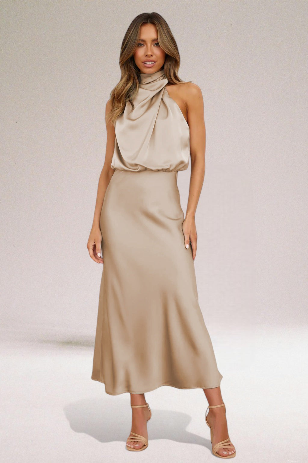 Women’s Halter Neck Formal Maxi Dress – Elegant Evening Gown with Luminous Fabric