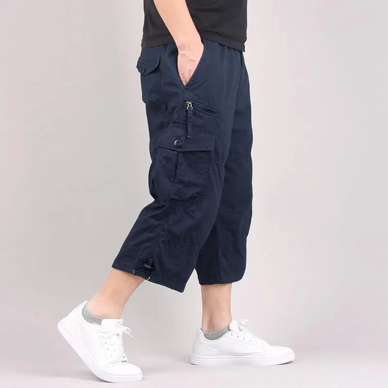 Side view of mens elastic waist cargo shorts with relaxed loose fit