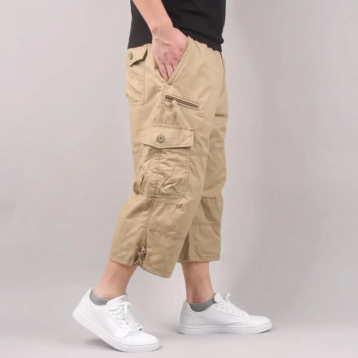 Mens lightweight cargo shorts shown in a neutral color