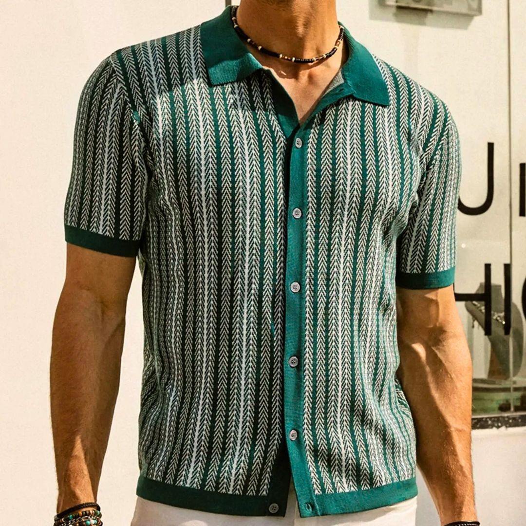 Men's Polo Shirt | Chevron Design with Button Placket | Breathable Fabric for Summer Comfort