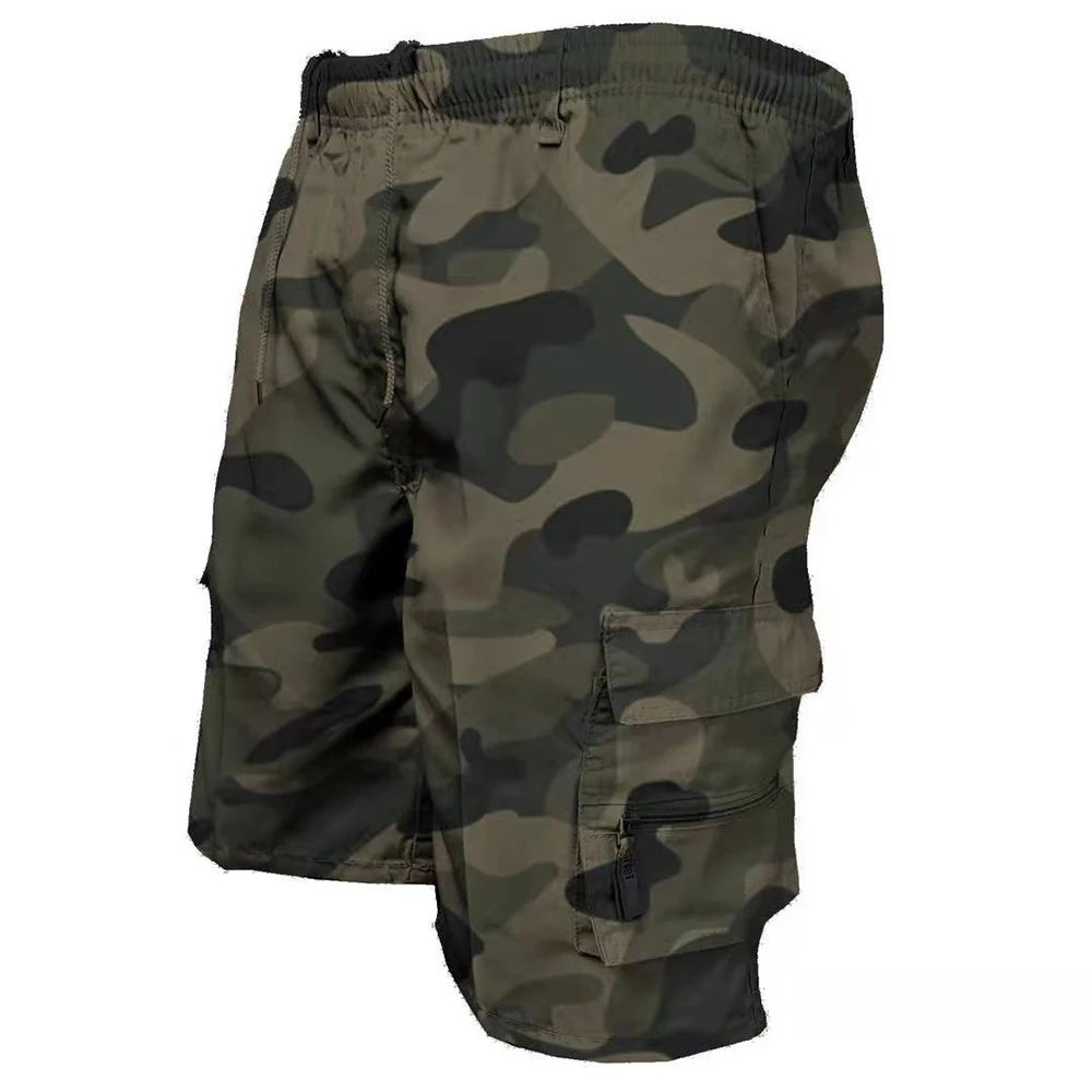 Camouflage green tactical cargo shorts side view with deep cargo pockets and knee length fit