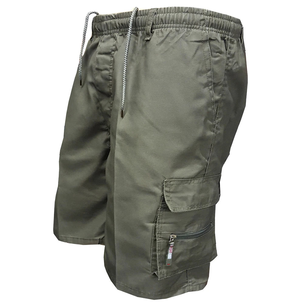 Beige camo tactical shorts back view, durable military style work shorts for men