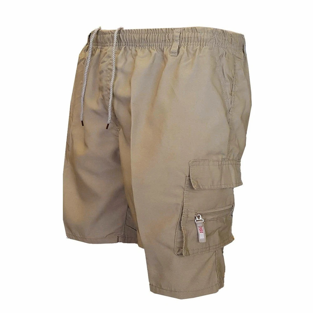 Close up of camouflage tactical cargo shorts fabric and reinforced stitching