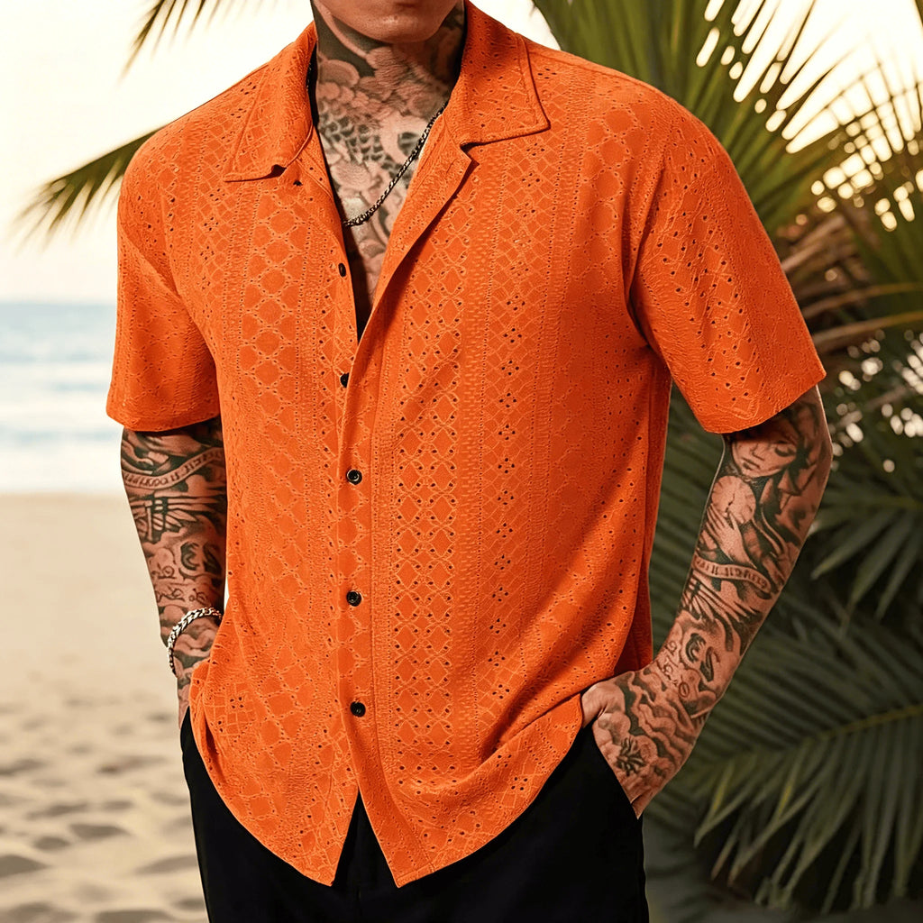 Men’s Geometric Crochet Knit Shirt – Short Sleeve Beach Top