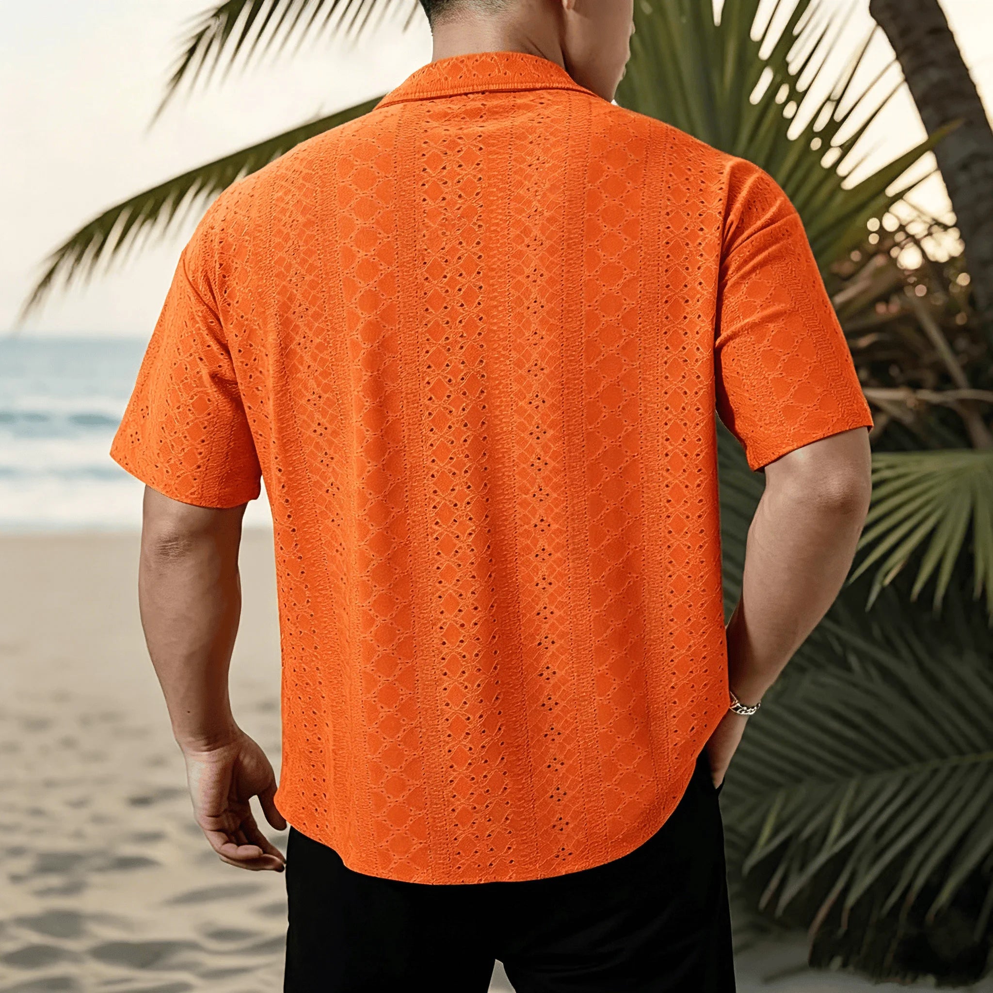 Men’s Geometric Crochet Knit Shirt – Short Sleeve Beach Top